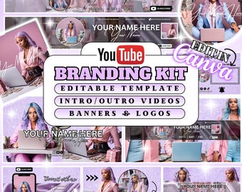 Kit de marca de YouTube Plantilla de YouTube Banner de YouTube Portada de YouTube Introducción de YouTube Outro de YouTube Miniatura de video de YouTube YouTube Purple