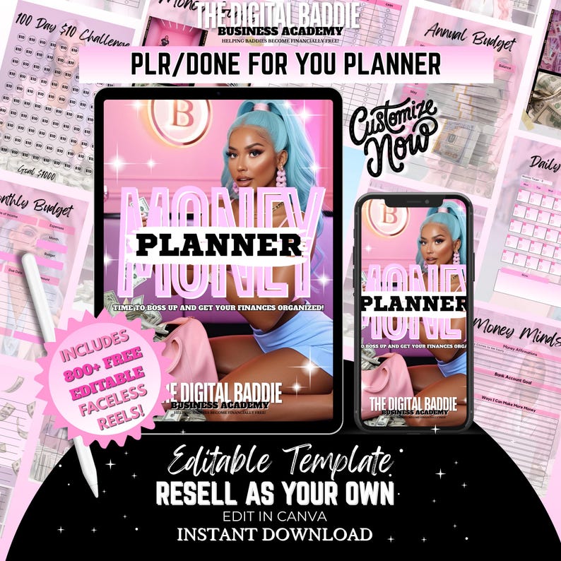 May include: A digital planner product with the text "MONEY PLANNER" on a tablet and phone screen. The image features a woman with blue hair and pink accents, surrounded by financial planning templates. The text "RESELL AS YOUR OWN" is also visible.