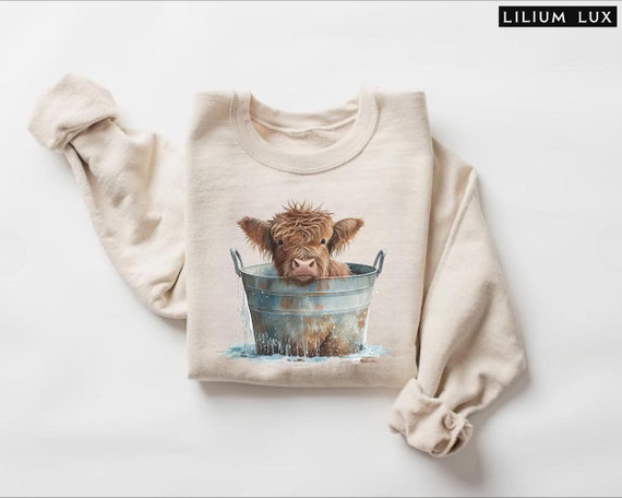 Highland Cow Sweatshirt, Calf in Tub, Western Style