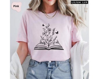 Floral Book T-shirt, Minimalist Bookworm Tee, Librarian Gifts, Bookish Shirts