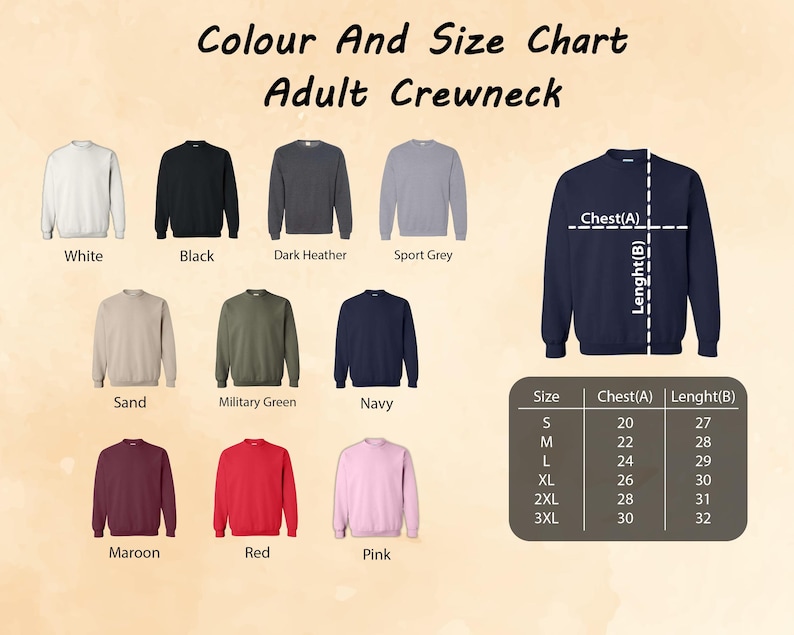 Puede incluir: Tabla de colores y tallas para sudaderas con cuello redondo para adultos. La tabla muestra 12 colores diferentes de sudaderas, incluyendo blanco, negro, gris oscuro jaspeado, gris deportivo, arena, verde militar, azul marino, granate, rojo y rosa. La tabla tambi&eacute;n incluye una gu&iacute;a de tallas con medidas de pecho y largo en pulgadas.