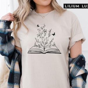 Floral Book T-shirt: Minimalist Bookworm Tee