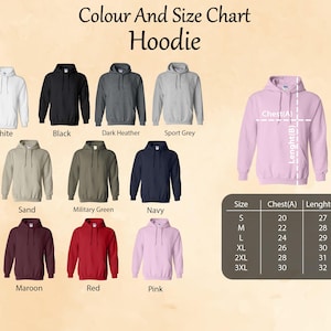 Puede incluir: Tabla de colores y tallas para sudaderas con capucha en varios colores, incluyendo blanco, negro, gris oscuro jaspeado, gris deportivo, arena, verde militar, azul marino, granate, rojo y rosa. La tabla muestra las medidas de pecho y longitud en pulgadas para las tallas S, M, L, XL, 2XL y 3XL.