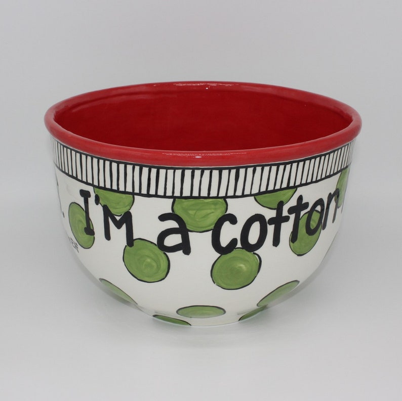 hand painted elf Christmas red large bowl cotton headed ninny muggins snack mix gift, popcorn bowl punch bowl green polka dots