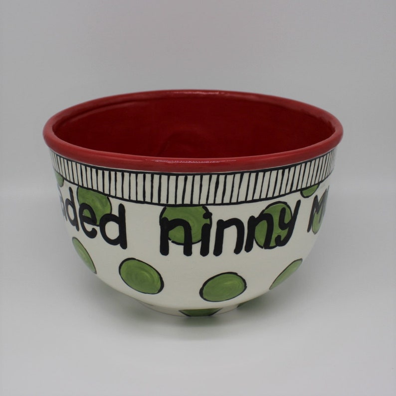 hand painted elf Christmas red large bowl cotton headed ninny muggins snack mix gift, popcorn bowl punch bowl green polka dots