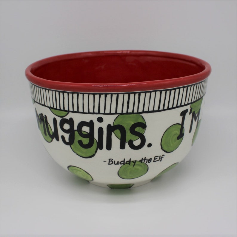 hand painted elf Christmas red large bowl cotton headed ninny muggins snack mix gift, popcorn bowl punch bowl green polka dots