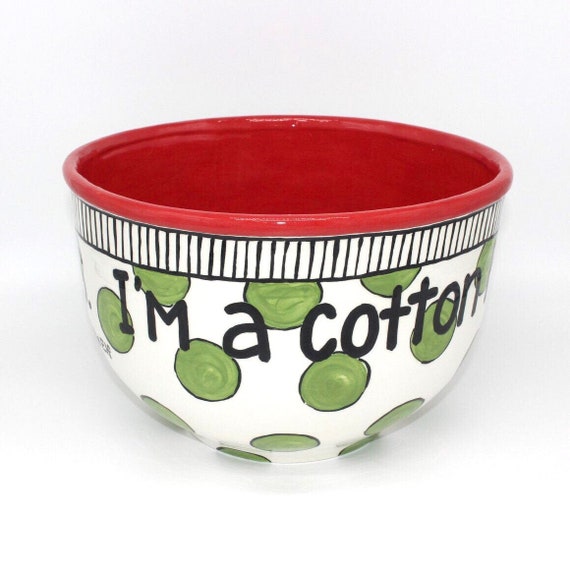 hand painted elf Christmas red large bowl cotton headed ninny muggins snack mix gift, popcorn bowl punch bowl green polka dots