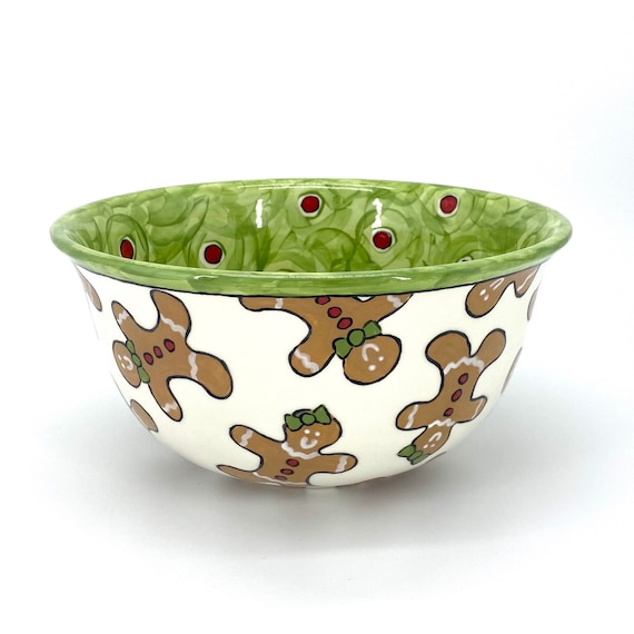 hand painted elf Christmas red large bowl cotton headed ninny muggins snack mix gift, popcorn bowl punch bowl green polka dots