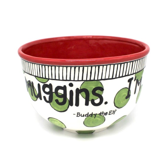 hand painted elf Christmas red large bowl cotton headed ninny muggins snack mix gift, popcorn bowl punch bowl green polka dots