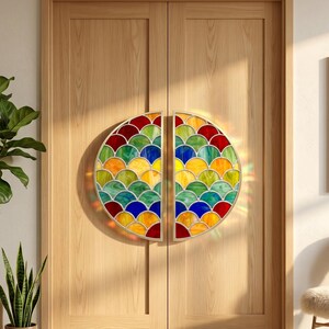 Può includere: Una coppia di pannelli in vetro colorato semicircolari montati su doppie porte in legno. I pannelli presentano un motivo a squame ripetuto in segmenti di vetro rosso, blu, giallo e verde, incorniciati da un sottile bordo metallico.
