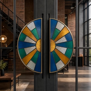 Può includere: Maniglie nere per porte con un design a vetrata semicircolare. Le maniglie presentano un motivo blu, verde, oro e argento, con una cornice in metallo dorato. Le maniglie sono montate su una porta nera.