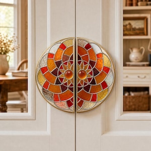 Puede incluir: Un par de manijas decorativas para puertas con un diseño de vidriera. Las manijas circulares presentan un mosaico de vidrio rojo, naranja, amarillo y transparente. Cada manija tiene un acento central redondo de color ámbar. Las manijas están montadas en una puerta blanca.