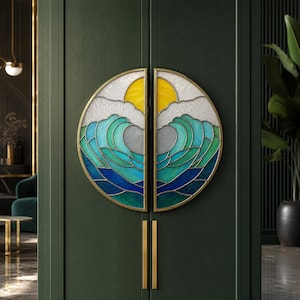 Round Metal Door Knob with Stained Glass Inlay, Tiffany Style Cabinet Handle, Handmade Colorful Glass Pull Knob, Vintage Decorative Hardware