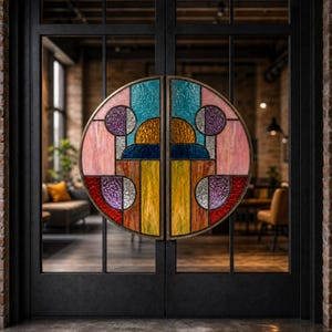Può includere: Porte doppie nere con un design decorativo in vetro colorato. Il vetro colorato presenta un motivo circolare con una varietà di colori tra cui rosa, blu, giallo e viola. Le porte sono incorniciate in nero e poste contro un muro di mattoni.