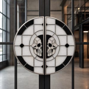 Puede incluir: Manijas de puerta circulares decorativas con diseño de calavera. Las manijas tienen un patrón de vidrieras en blanco y negro. Dos calaveras están centradas en cada manija, con un marco de metal plateado.