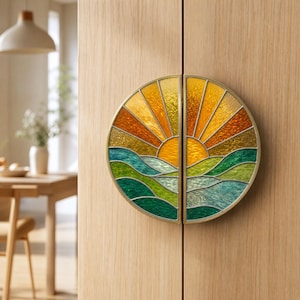 Round Metal Door Knob with Stained Glass Inlay, Tiffany Style Cabinet Handle, Handmade Colorful Glass Pull Knob, Vintage Decorative Hardware