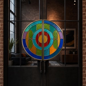 Può includere: Doppie porte nere con un grande design a vetrata colorata. Il design circolare presenta una varietà di colori tra cui blu, verde, rosso e giallo, incorniciati in oro. Le porte sono poste contro un muro di mattoni.