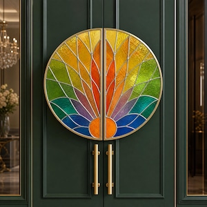 Puede incluir: Un par de puertas verde oscuro con un gran diseño de vidriera circular. La vidriera presenta una vibrante gama de colores, incluyendo amarillo, naranja, verde, azul y morado, con un marco de metal dorado. Las manijas doradas están debajo.