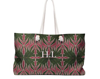 Tote Bag Custom Green Pink Palm - Monogram Initials Personalized
