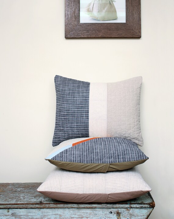 Modern Throw Pillow Linen Denim Triptych 16x20 Etsy