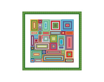May include: A colorful cross-stitch pattern featuring a variety of rectangular and square shapes in shades of red, blue, green, yellow, and purple. The artwork is framed in a green border, creating a vibrant and geometric design.