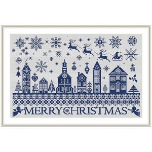 May include: A cross-stitch design depicting a winter village scene in blue and white. The design includes houses, snowflakes, reindeer pulling a sleigh, and the text "MERRY CHRISTMAS".