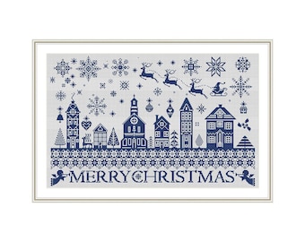 Buon Natale, schema per punto croce Quaker Sampler, ricamo monocromatico, punto croce festivo PDF