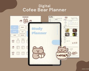 Cute Planner | Coffee Bear Hyperlinked Digital Planner Notebook, Compact and Easy Planner, PDF Template, Instant Download, Undated Calendar