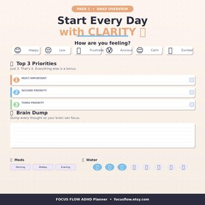 May include: A daily overview planner page with the text "Start Every Day with CLARITY." It includes sections for mood, top priorities, a brain dump, medication, and water intake tracking. The design is in soft pastel colors.