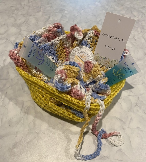 Crochet Spa Set 100% Cotton in a crochet basket, yellow