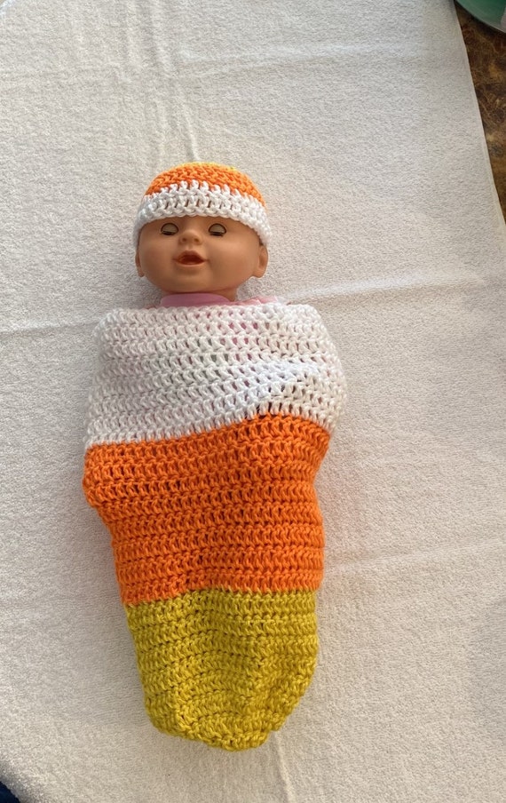 Handmade Crochet Candy Corn Baby Swaddle/Cocoon and Hat