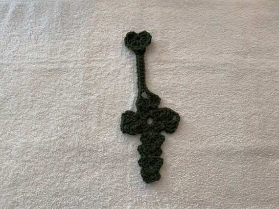 Cross crochet bookmark with heart, green