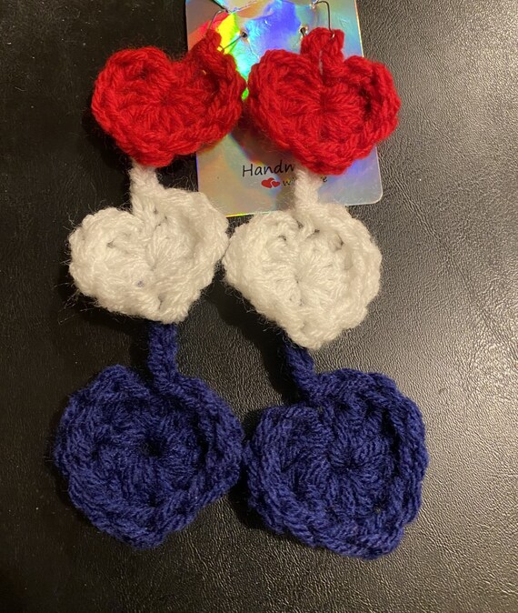 Red, White & Blue Crochet Triple Heart Earrings