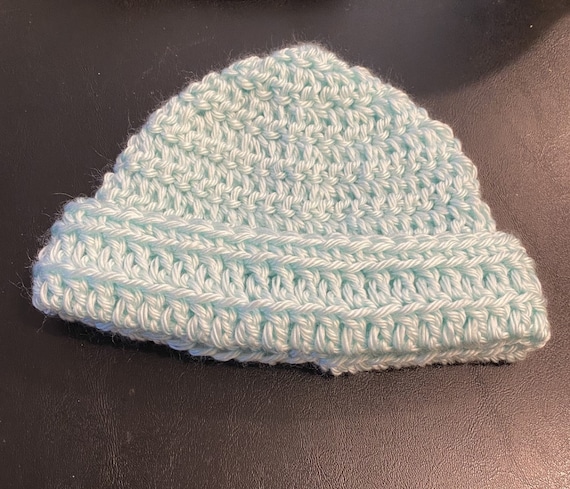 handmade, green crochet baby beanie