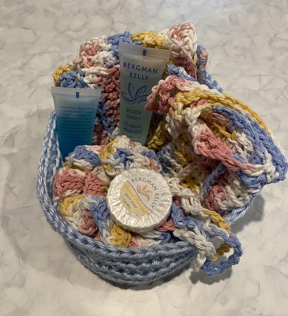 Handmade Crochet Spa Set 100% Cotton with crochet basket in blue