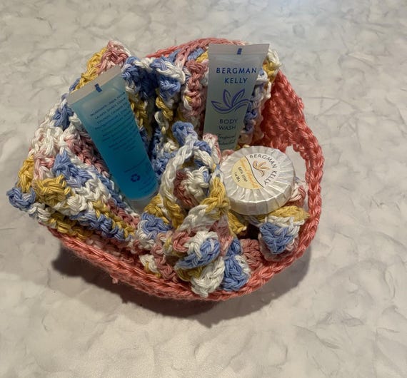 Handmade Crochet Spa Set 100% Cotton with crochet basket in pink, Easter spa set