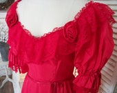 1980s vintage red satin off the shoulder tea length gown, cotillion dance dress. lace, satin ribbon trim, red fabric roses pinned at bodice