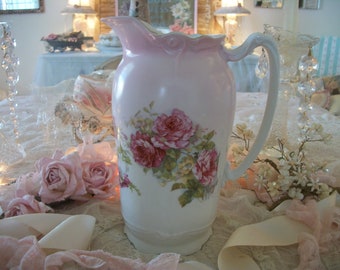 true antique shabby pink roses tall china water serving pitcher, tableware serving piece, unusual and hard to find, great condition! 8.75" T