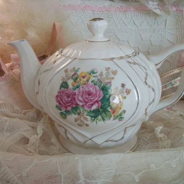 vintage shabby pink roses teapot with music box, plays 'tea for two', 4 cup pot, japan, tea party table, display, china tea pot