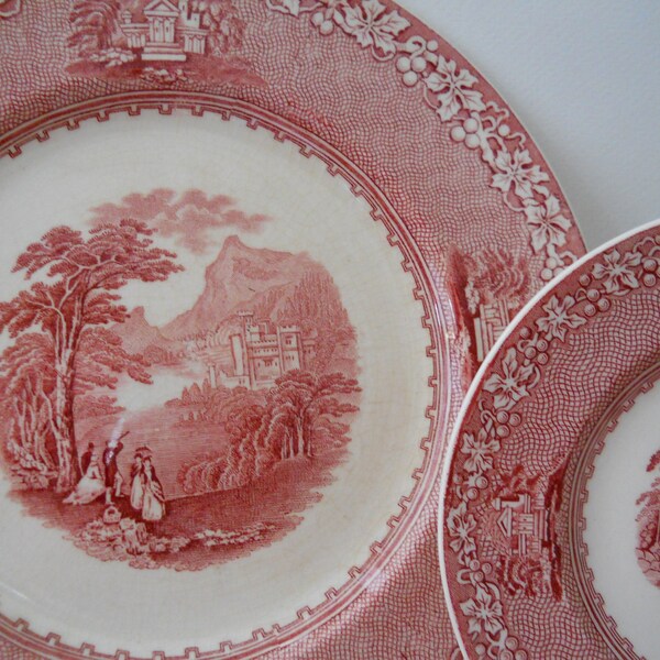 2 vintage pink and white transfer ware dinner plates with bonus bread and butter plate