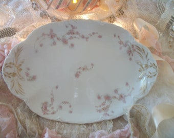 antique haviland and company 13.75'' handled oval platter tray, pale pink & white floral, fine french china, limoges, france, gold trim