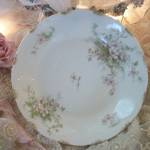 antique french coupe soup bowl or shallow serving bowl, théodore haviland, limoges, france, fine china,  pink roses, lacy ferns, gold trim