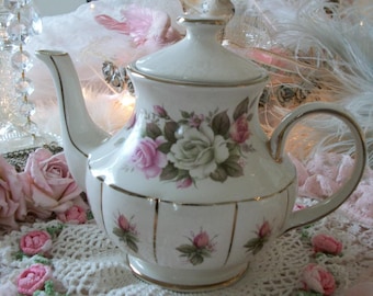 sweet pink roses vintage teapot, whimsical shape, tea for two, arthur wood, england, donegal cottage charm, staffordshire ironstone
