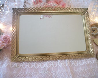vintage gold filigree mirrored perfume vanity tray, wall mirror, ornate lacy filigree, narrow rectangle, original finish