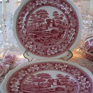 2 vintage copeland  spode &#39;tower&#39; pattern pink transferware dinner plates, made in england, old backstamp