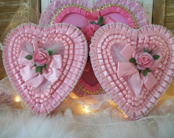 very RARE PAIR petite pink matching vintage valentine heart candy boxes, 10", tulle netting, satin, rose centerpiece