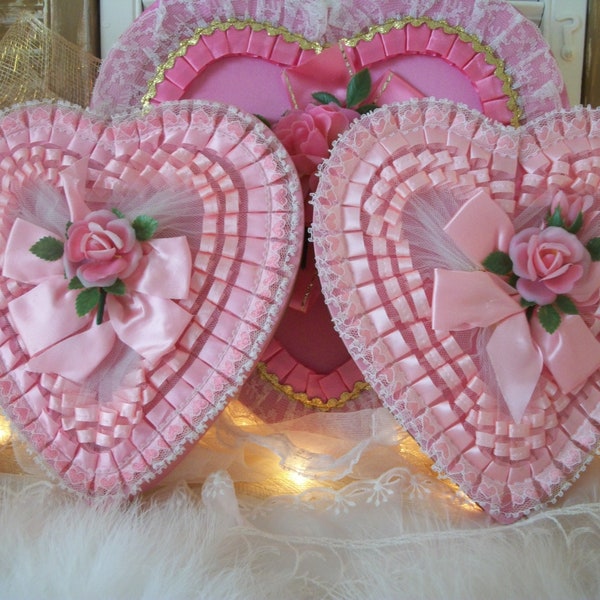very RARE PAIR petite pink matching vintage valentine heart candy boxes, 10", tulle netting, satin, rose centerpiece