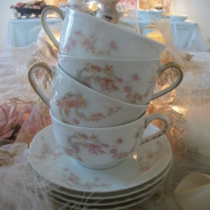 4 antique french haviland and company teacups & saucers, pink and white fine china, dainty floral pattern, limoges, france