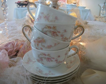 4 antique french haviland and company teacups & saucers, pink and white fine china, dainty floral pattern, limoges, france