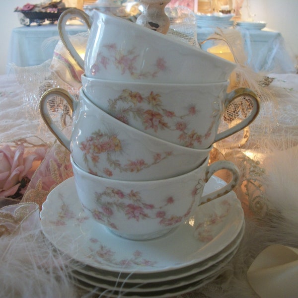 4 antique french haviland and company teacups & saucers, pink and white fine china, dainty floral pattern, limoges, france